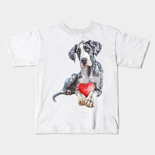 Valentine Great Dane Holding Heart Kids T-Shirt